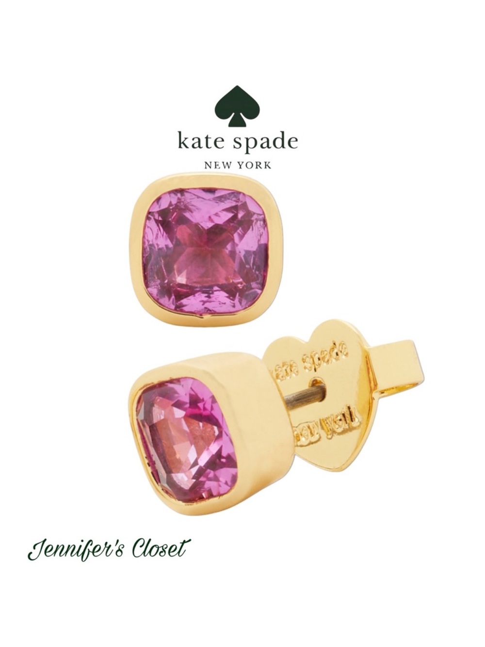 kate spade gold-tone stud earrings with pink cushion-cut crystals